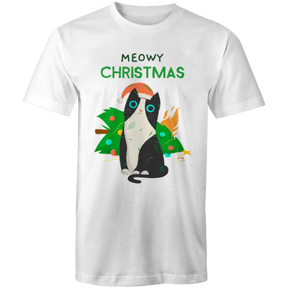 Meowy Christmas - Mens T-Shirt White Mens Christmas T-shirt Christmas Printed In Australia