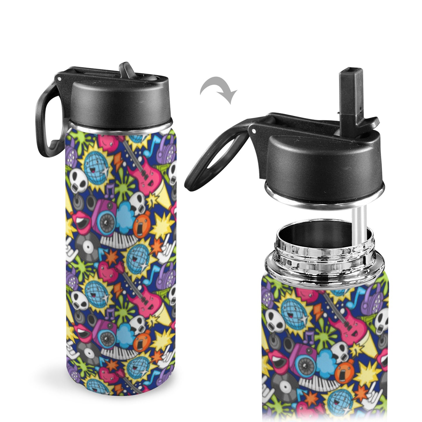 Sticker Music - Insulated Water Bottle with Straw Lid (18oz) Insulated Water Bottle with Swing Handle Printed Offshore