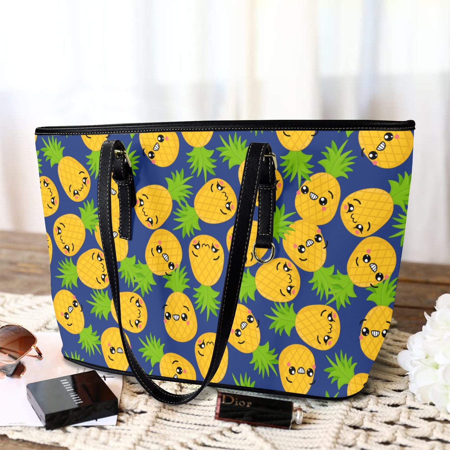 Cool Pineapples - Leather Tote Bag-Large