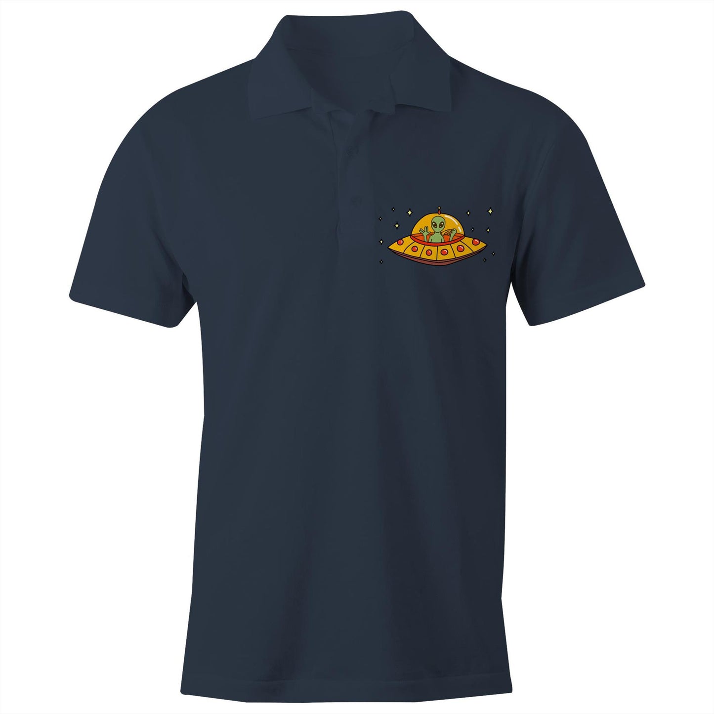 Alien Pizza - Chad S/S Polo Shirt, Printed Navy Polo Shirt Food Sci Fi