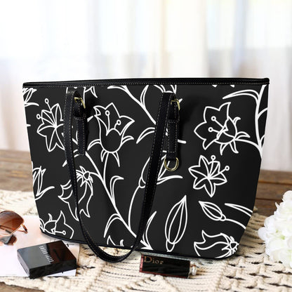 Black And White Floral - Leather Tote Bag-Large