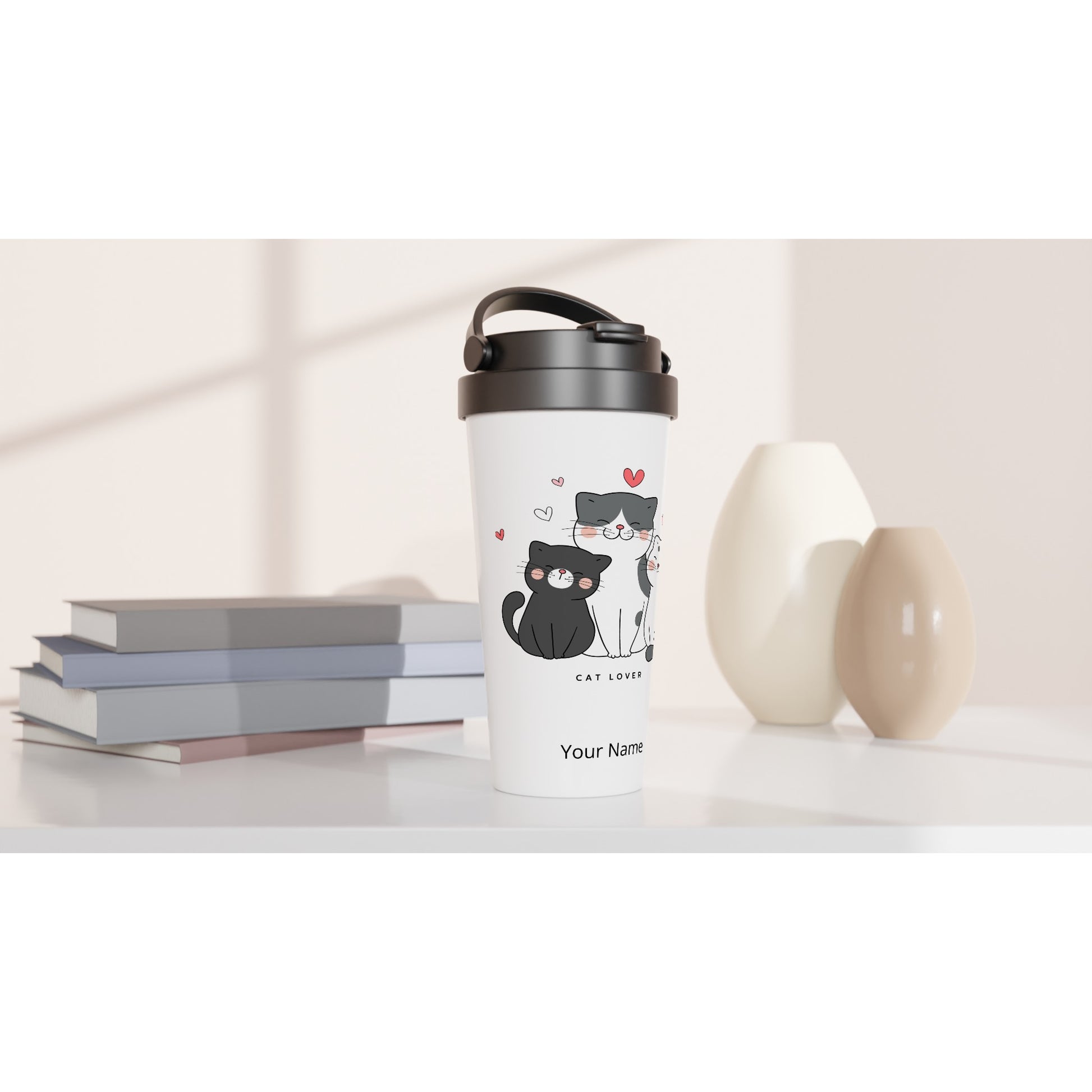 Personalised - Cat Lover - White 15oz Stainless Steel Travel Mug Personalised Travel Mug animal