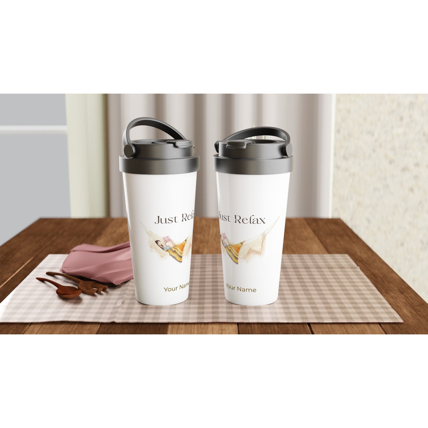 Personalised - Just Relax - White 15oz Stainless Steel Travel Mug Personalised Travel Mug coffee