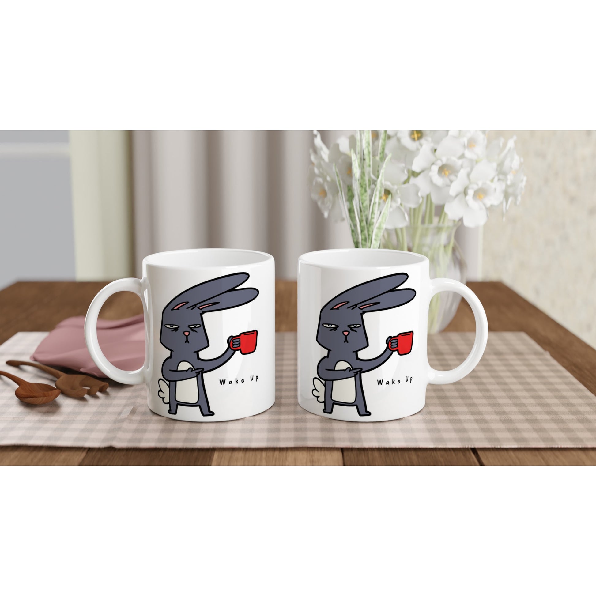 Wake Up, Rabbit - White 11oz Ceramic Mug White 11oz Mug animal Coffee Globally Fulfilled