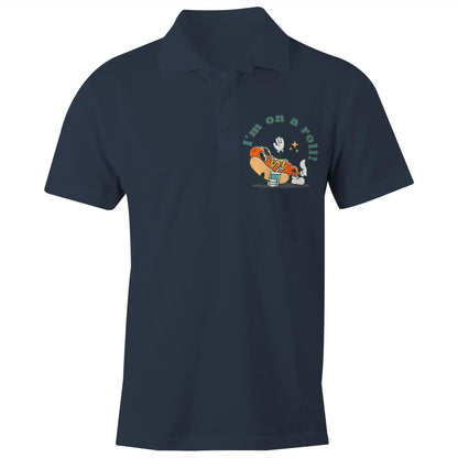 Hotdog, I'm On A Roll - Chad S/S Polo Shirt, Printed Navy Polo Shirt Food Retro