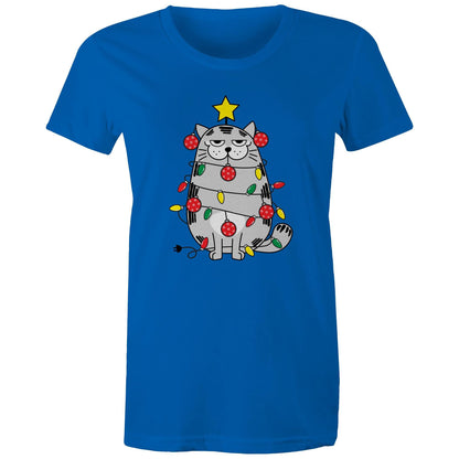 Cat Christmas Lights - Womens T-shirt Bright Royal Womens Christmas T-shirt Christmas Printed In Australia