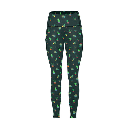 Cactus On Black - Women's Leggings with Pockets