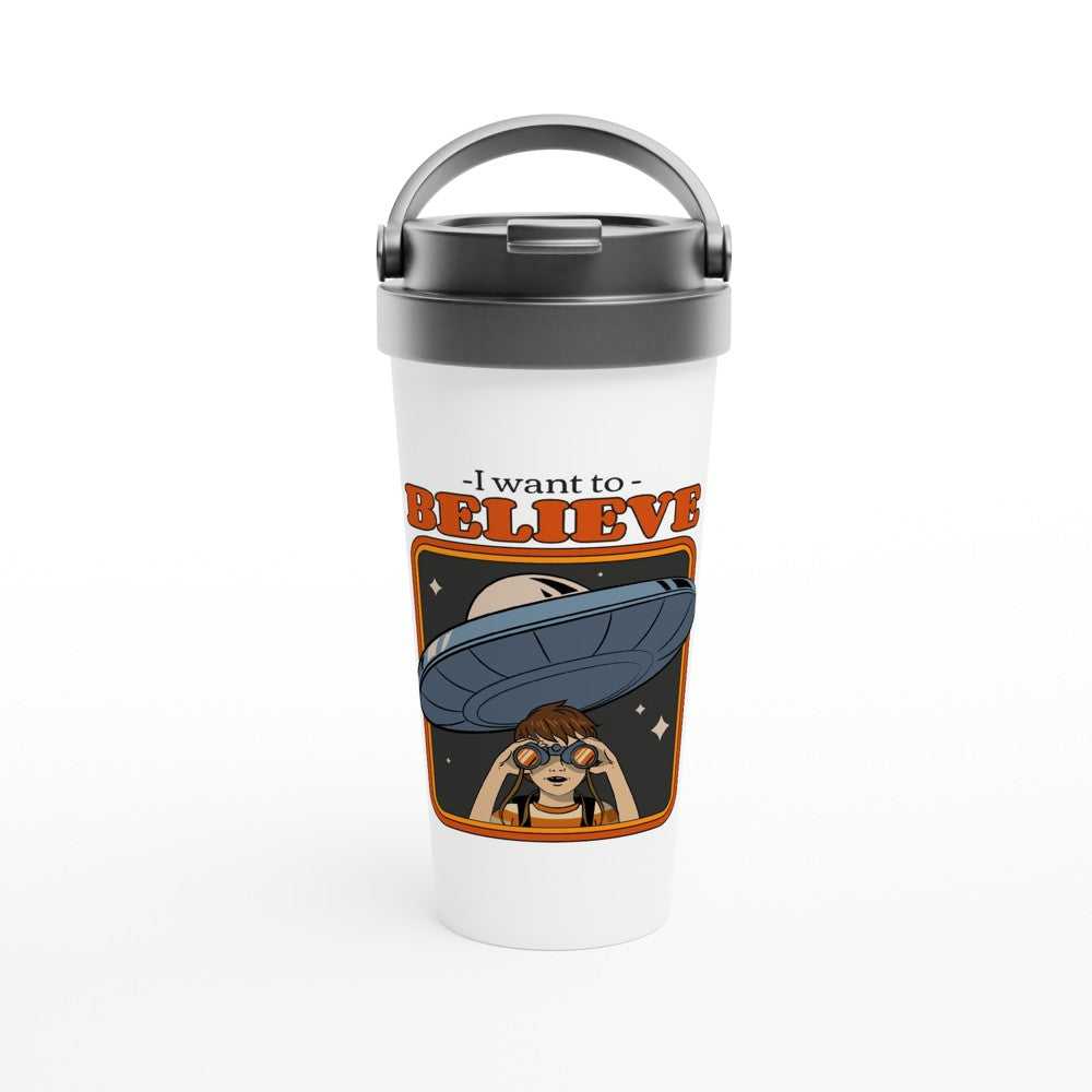 I Want To Believe - White 15oz Stainless Steel Travel Mug Default Title Travel Mug Retro Sci Fi