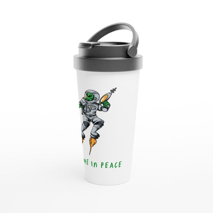 Alien, We Come In Peace - White 15oz Stainless Steel Travel Mug Travel Mug Globally Fulfilled Sci Fi