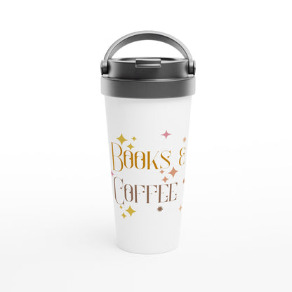 Books And Coffee - White 15oz Stainless Steel Travel Mug Default Title Travel Mug Coffee Globally Fulfilled Reading