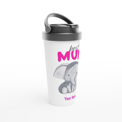 Personalised - Best Mum, Cute Elephants - White 15oz Stainless Steel Travel Mug Personalised Travel Mug animal Mum