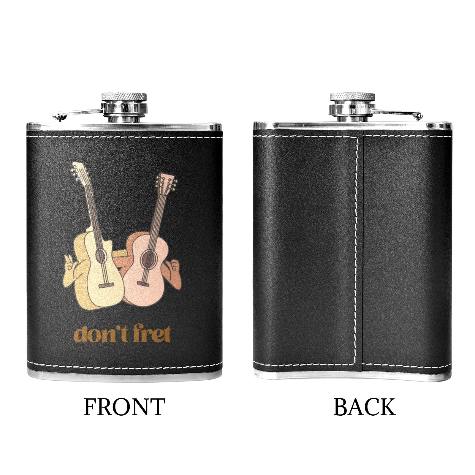 Don't Fret, Guitars - 8oz Black Leather Hip Flask 8oz Black Leather Hip Flask Printed Offshore