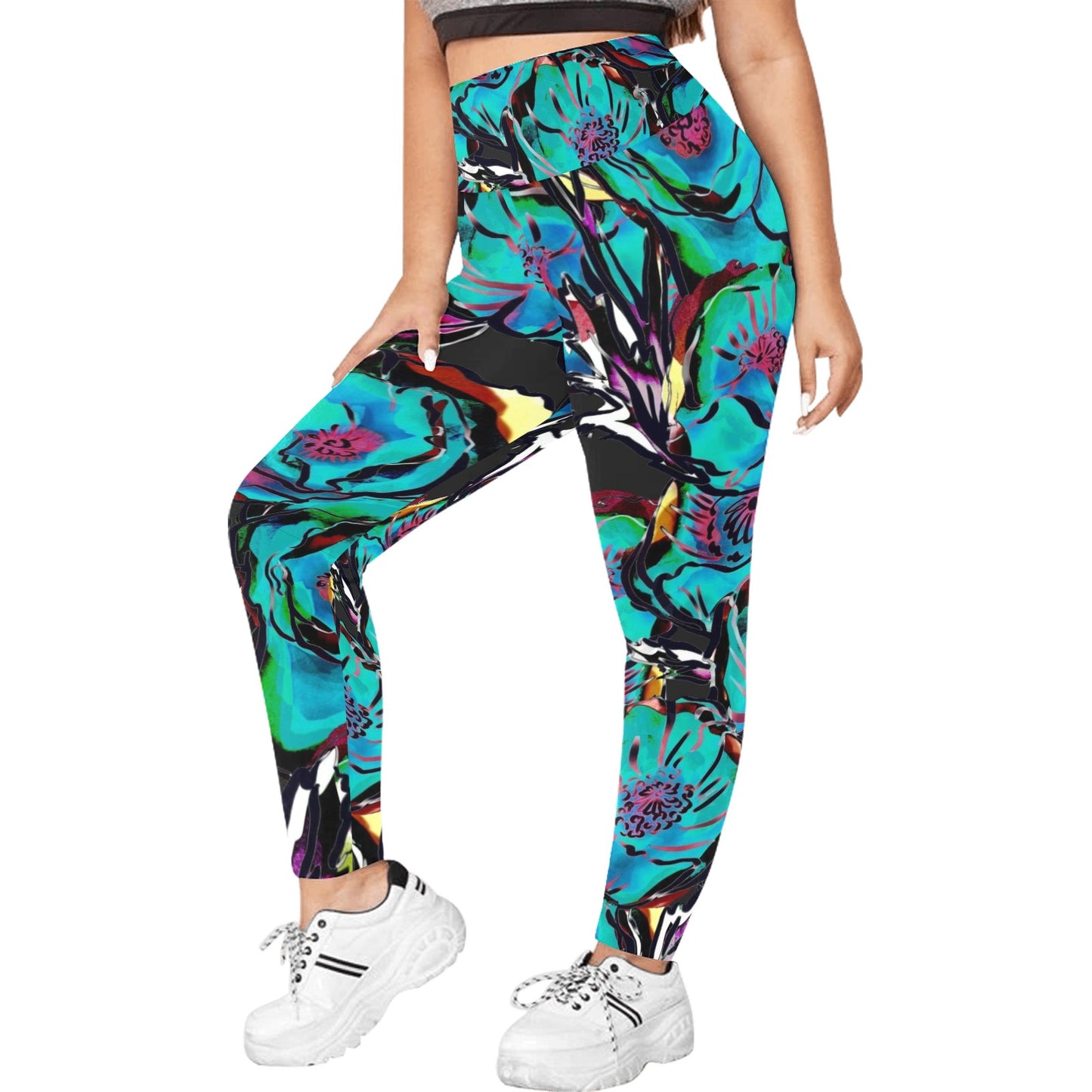 Flower It Blue - Women's Plus Size High Waist Leggings Women's Plus Size High Waist Leggings Printed Offshore