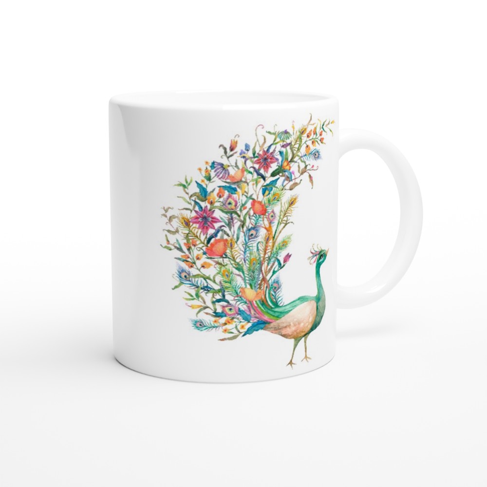 Flower Peacock - White 11oz Ceramic Mug White 11oz Mug animal coffee tea