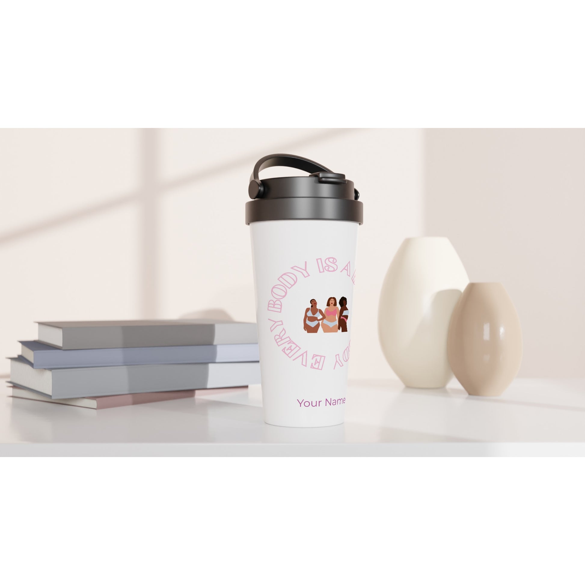 Personalised - Every Body Is A Bikini Body - White 15oz Stainless Steel Travel Mug Personalised Travel Mug coffee motivation positivity summer