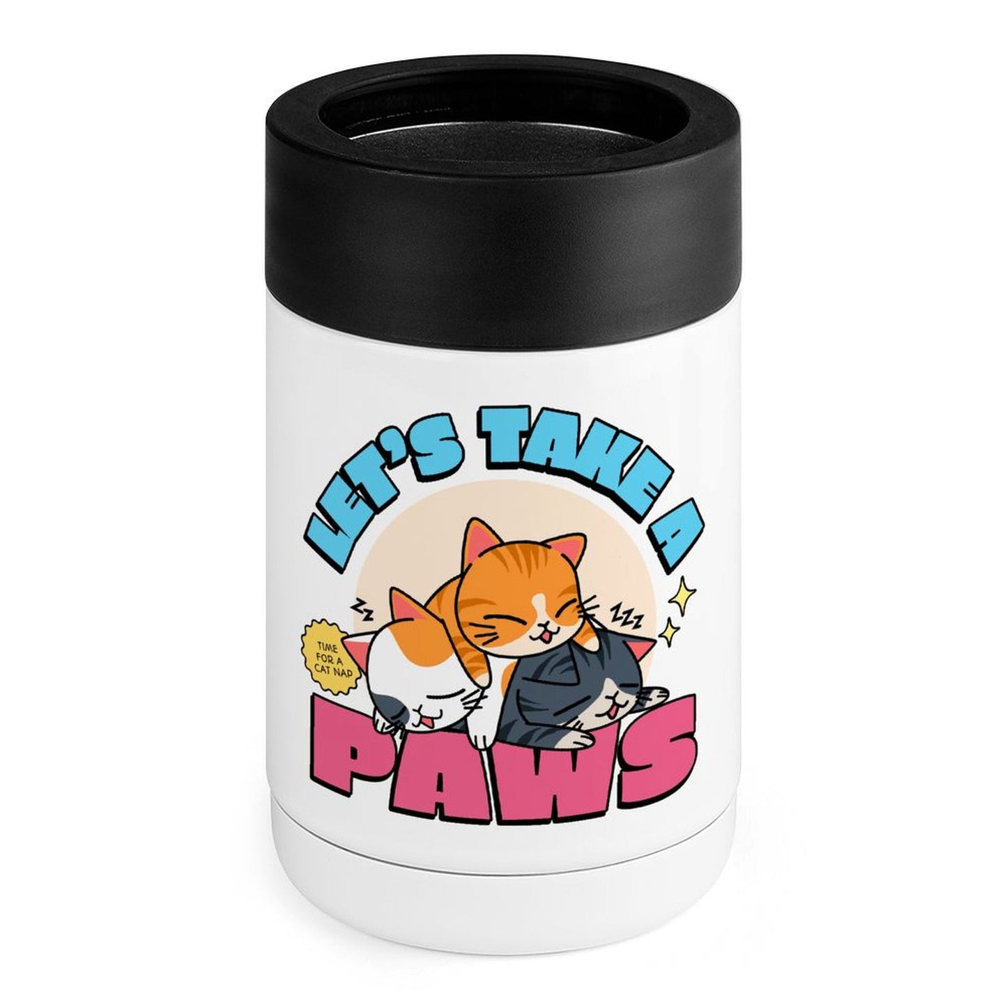 Cat Nap, Let's Take A Paws - Stainless Steel Can Cooler White One size Stainless Steel Can Cooler animal Printed Offshore