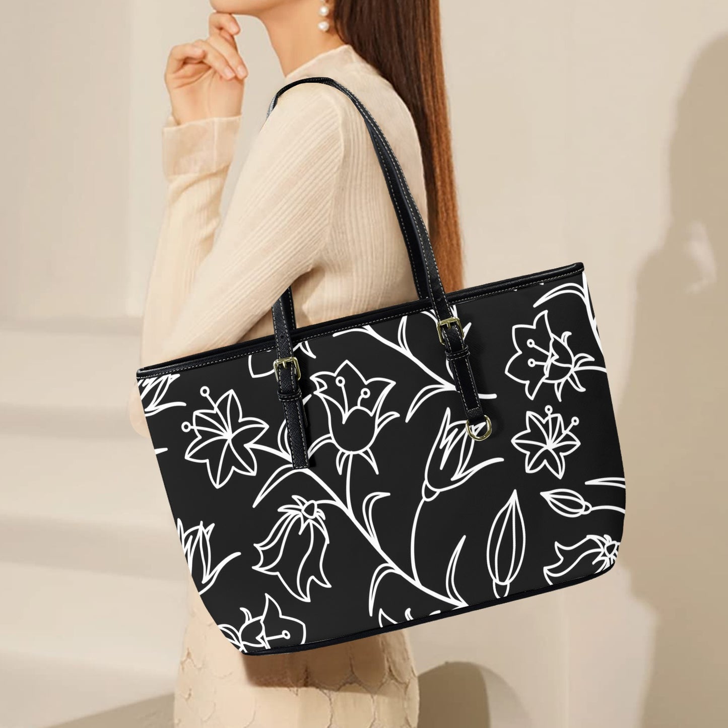 Black And White Floral - Leather Tote Bag-Large