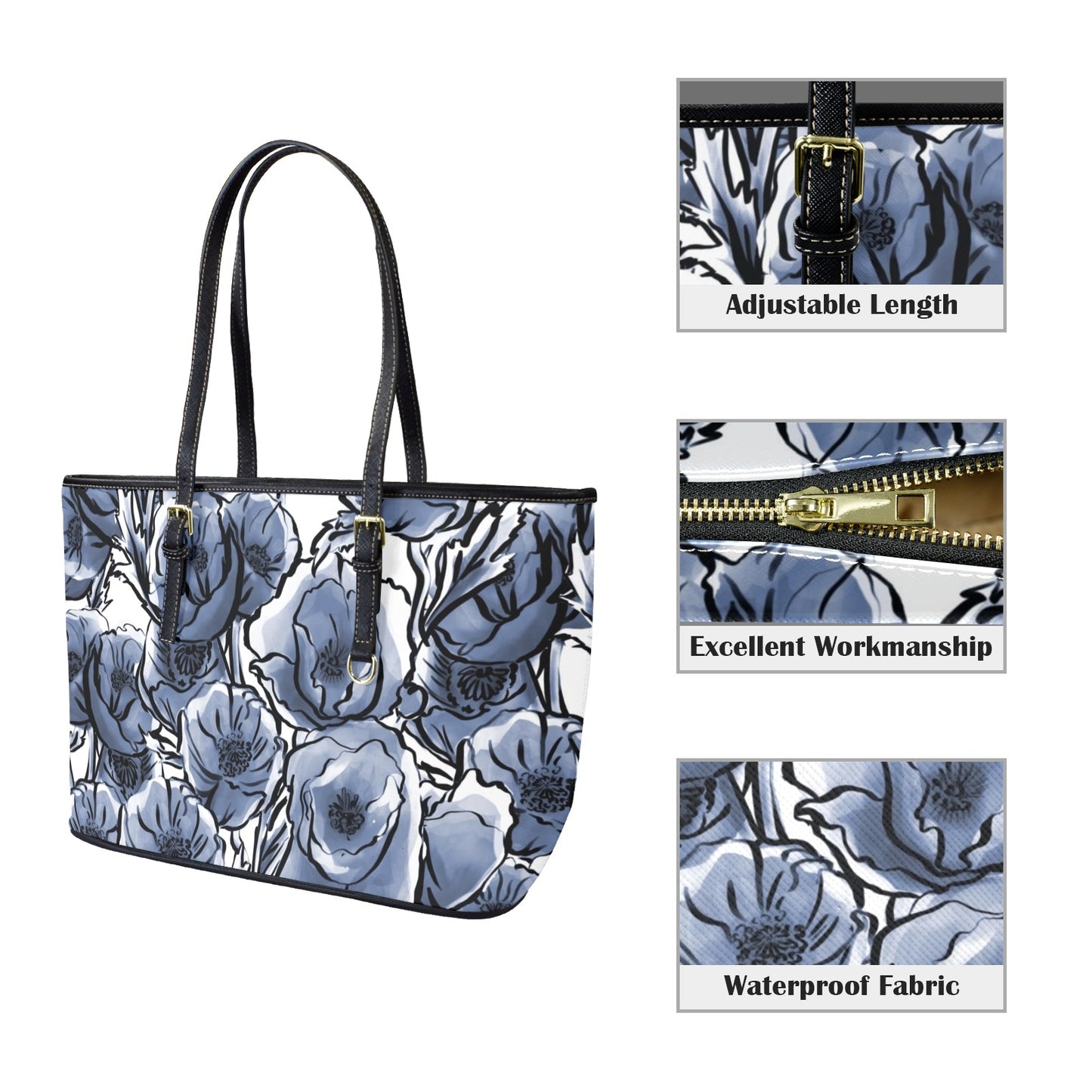 Blue And White Floral - Leather Tote Bag-Large