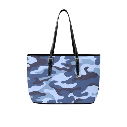 Blue Camouflage - Leather Tote Bag-Large