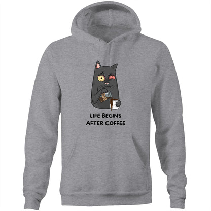 Cat, Life begins After Coffee - Pocket Hoodie Sweatshirt Grey Marle Hoodie animal Coffee