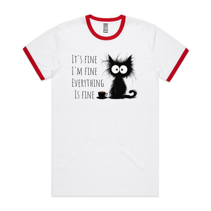 It's Fine, I'm Fine, Frazzled Cat - Ringer Tee White Red