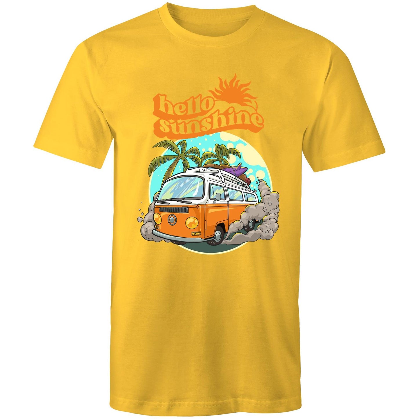 Hello Sunshine, Beach Van - Mens T-Shirt Yellow Mens T-shirt Summer Surf