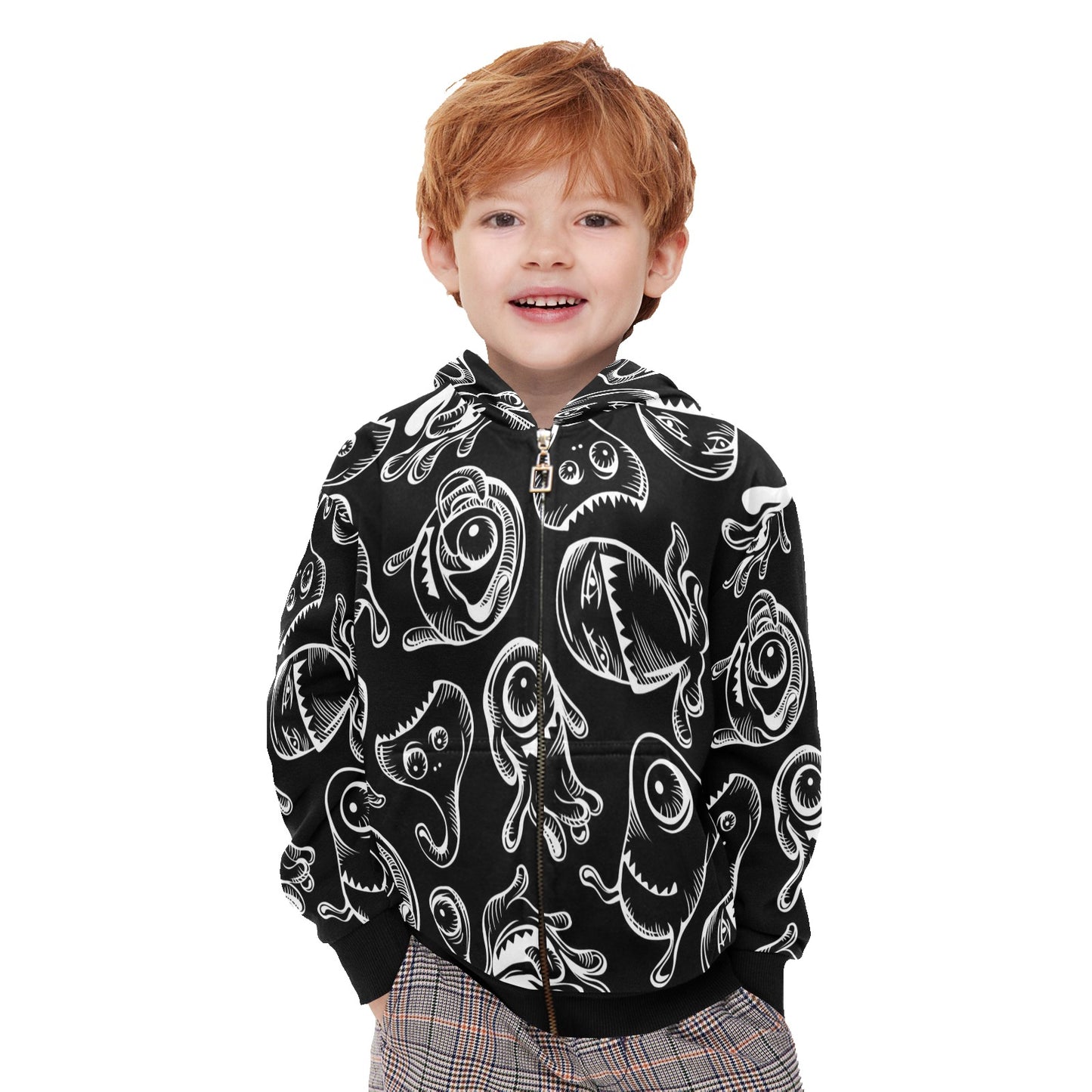 Monsters In Black And White - Junior Boys Zip Up Hoodie