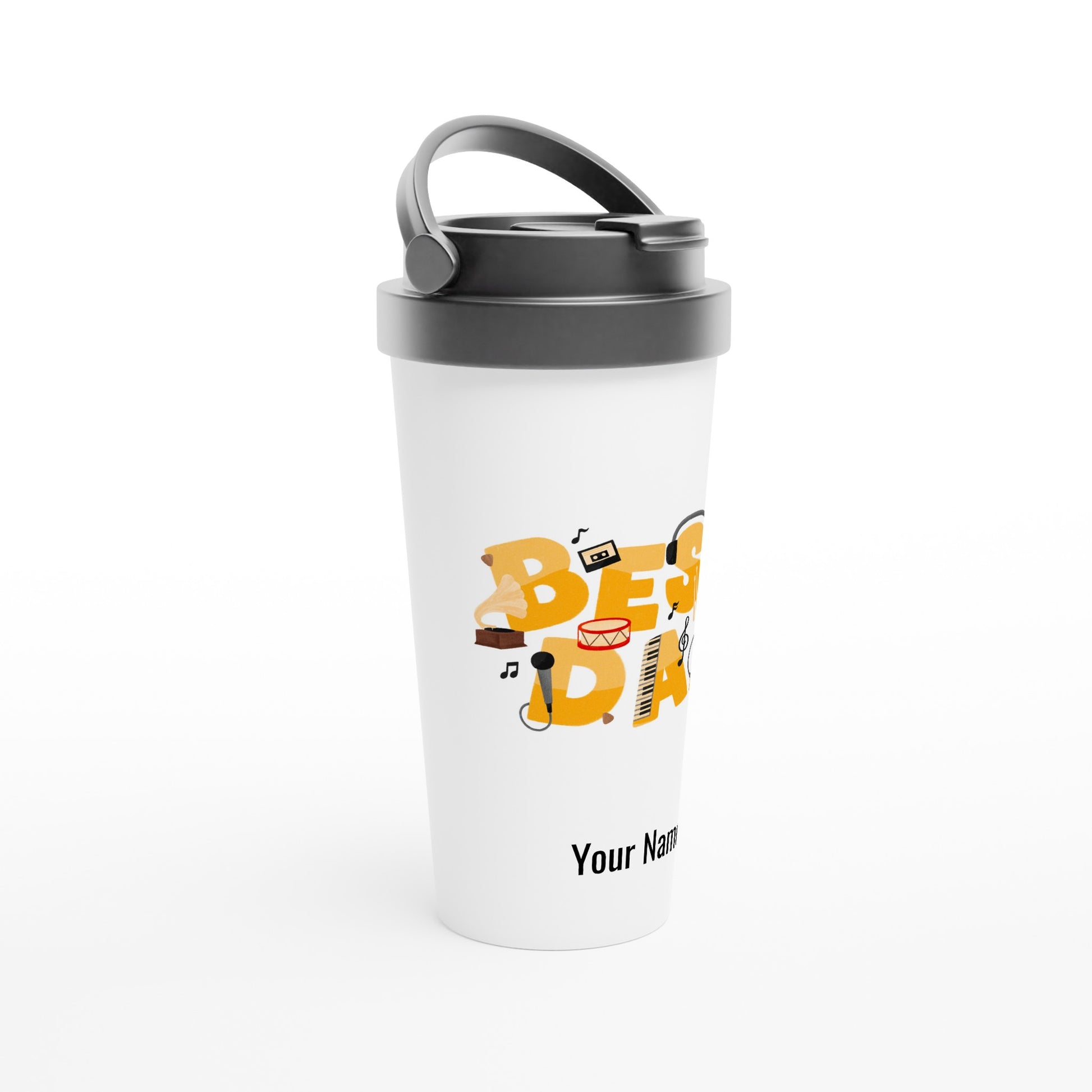 Personalised - Best Dad, Music - White 15oz Stainless Steel Travel Mug Personalised Travel Mug Dad Music