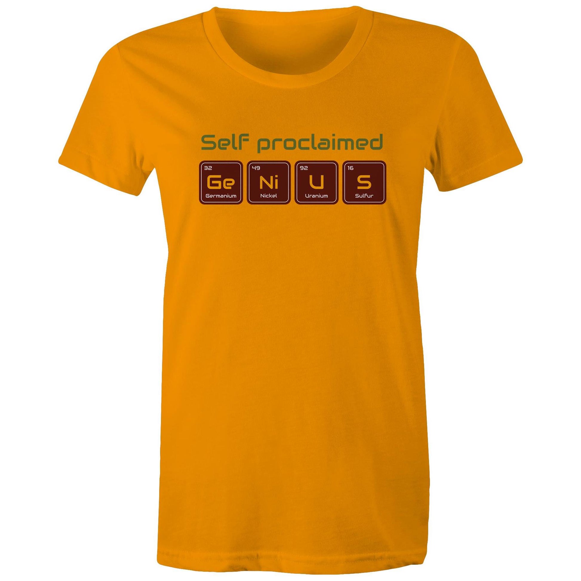 Self Proclaimed Genius, Periodic Table - Womens T-shirt Orange Womens T-shirt Science