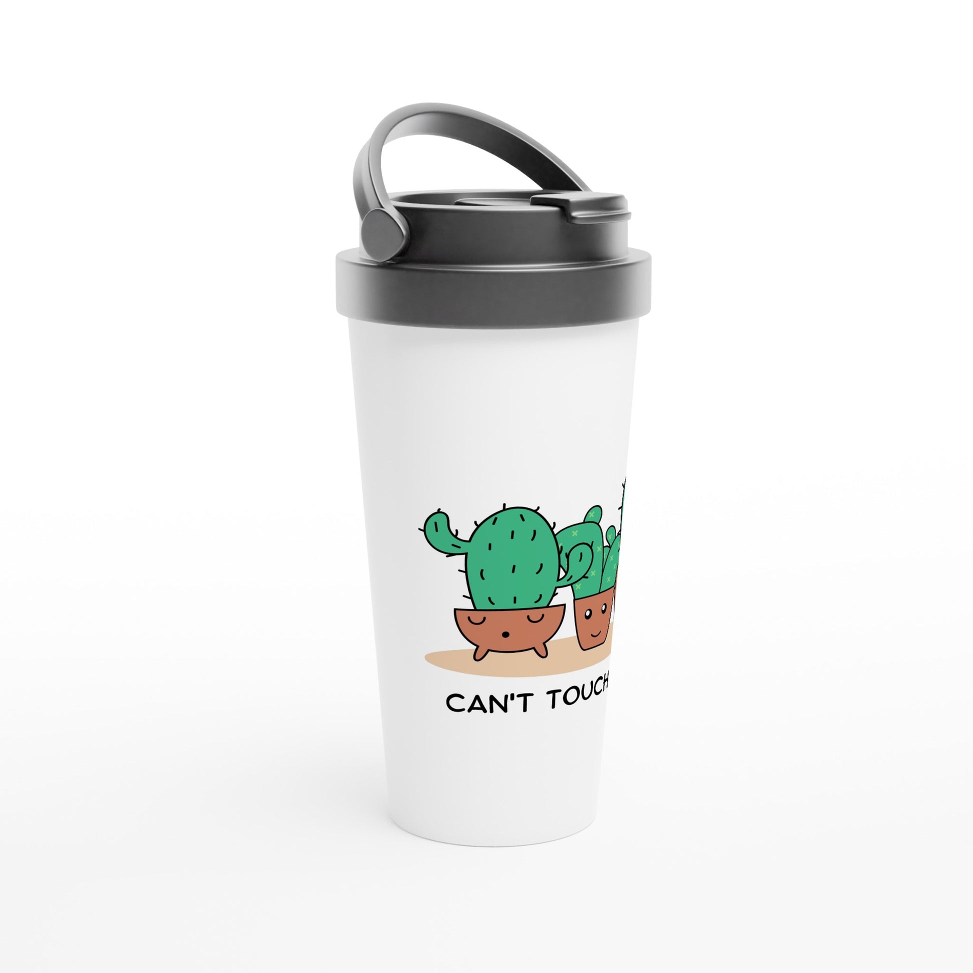 Can't Touch This, Cactus - White 15oz Stainless Steel Travel Mug Travel Mug Funny Globally Fulfilled Plants