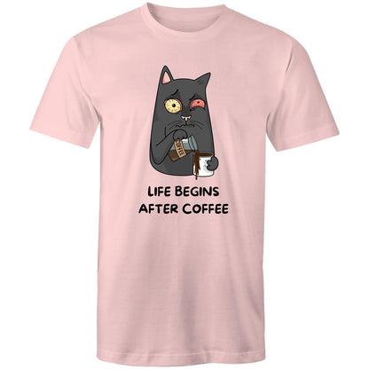 Cat, Life Begins After Coffee - Mens T-Shirt Pink Mens T-shirt animal Coffee Funny
