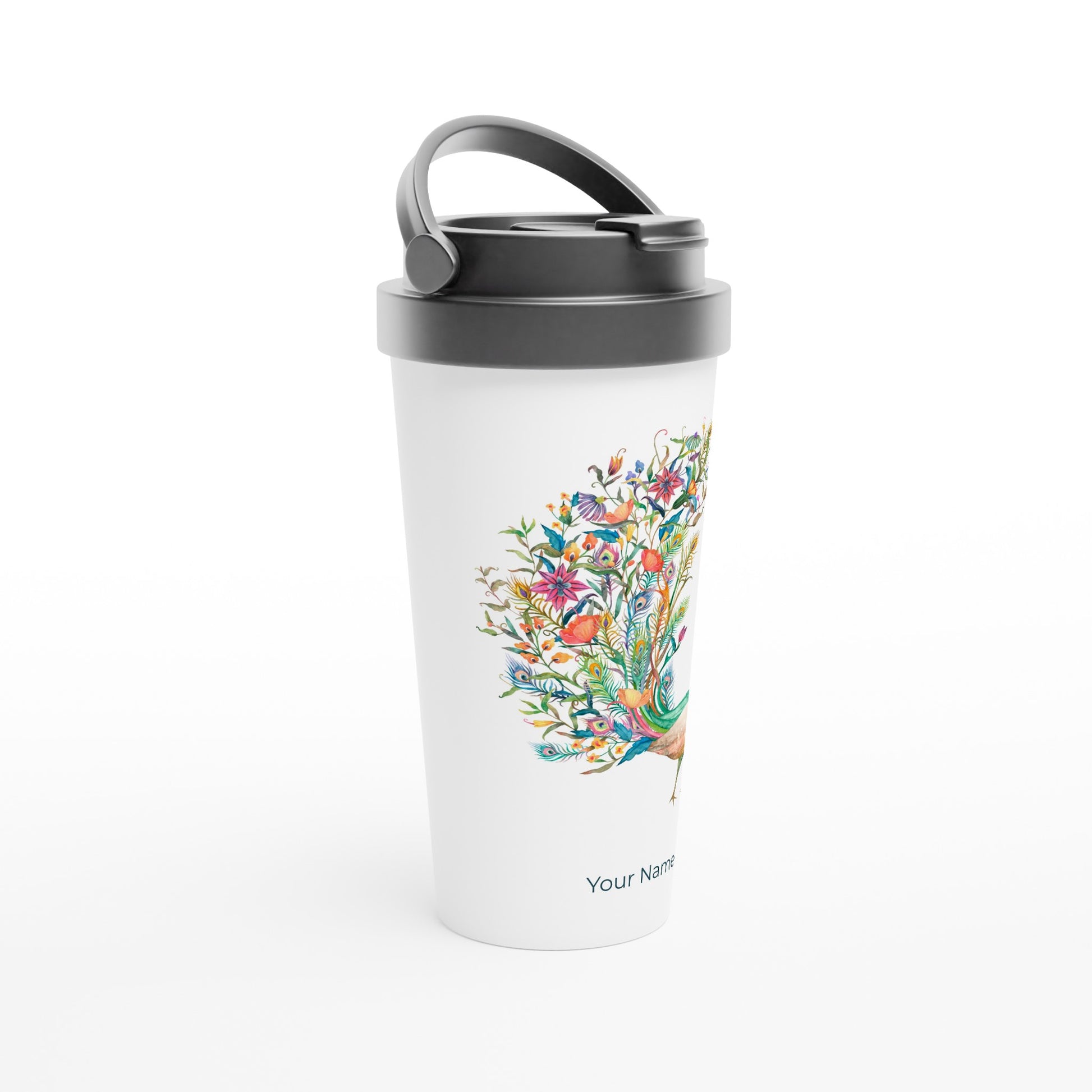 Personalised - Flower Peacock - White 15oz Stainless Steel Travel Mug Personalised Travel Mug animal coffee