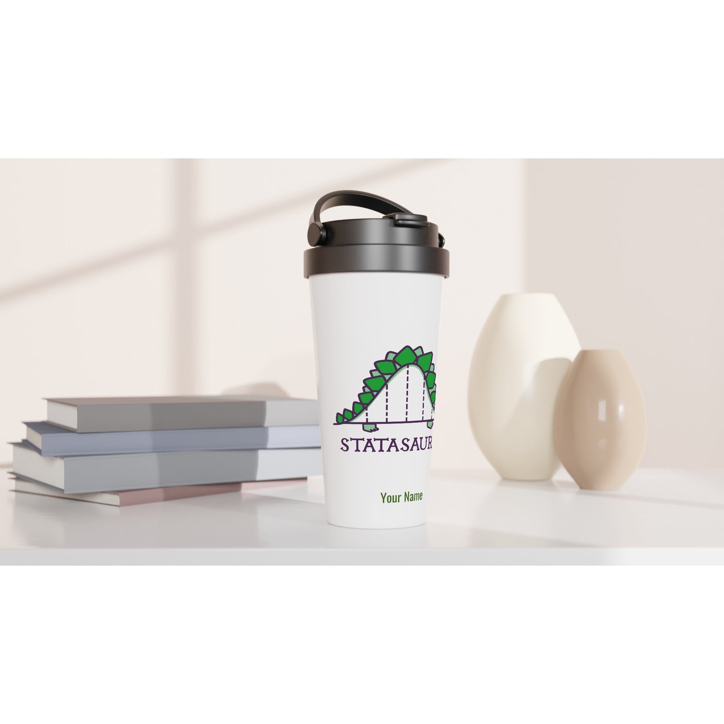 Personalised - Statasaurus - White 15oz Stainless Steel Travel Mug Personalised Travel Mug maths