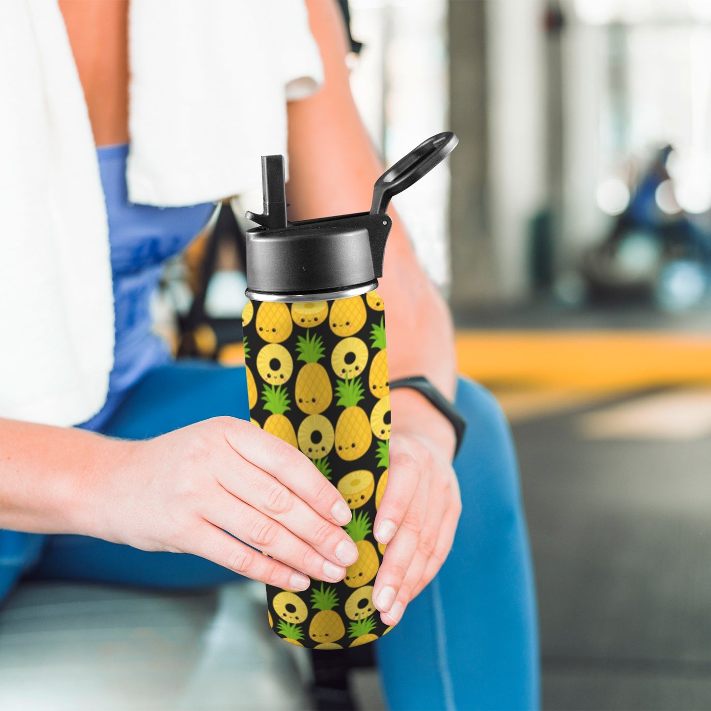 Happy Pineapples - Insulated Water Bottle with Straw Lid (18oz) Insulated Water Bottle with Swing Handle Printed Offshore