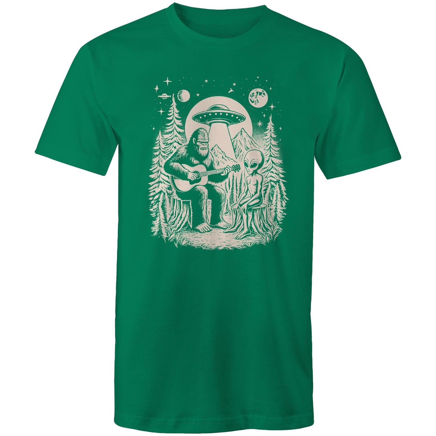 Alien And Bigfoot Play Guitar - Mens T-Shirt Kelly Green Mens T-shirt Music Printed In Australia Sci Fi