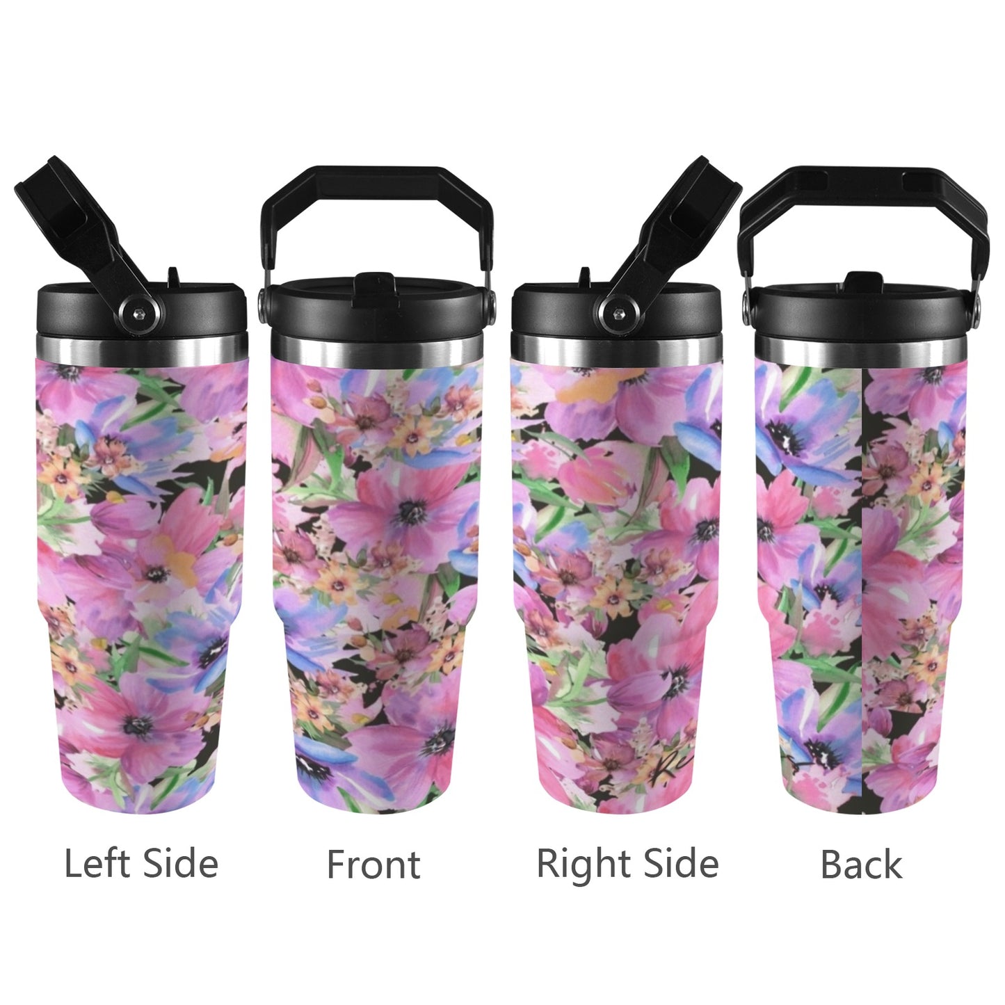 Bright Pink Floral - 30oz Tumbler with Top Handle