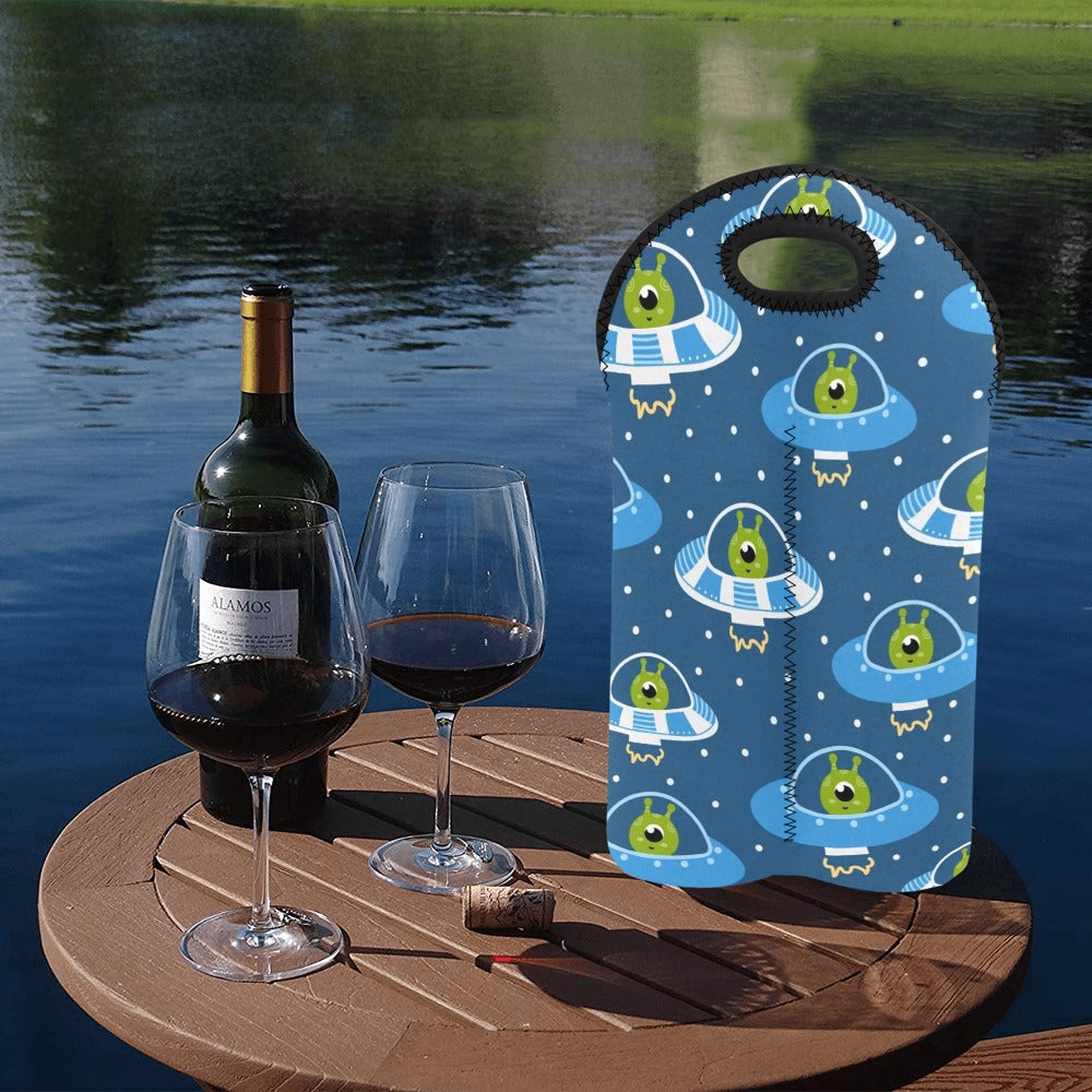 Cute Aliens in UFOs - 2-Bottle Neoprene Wine Bag 2 Bottle Wine Bag Printed Offshore Sci Fi