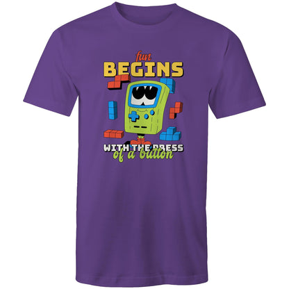 Fun Begins With The Press Of A Button, Video Game - Mens T-Shirt Purple Mens T-shirt Games Printed In Australia