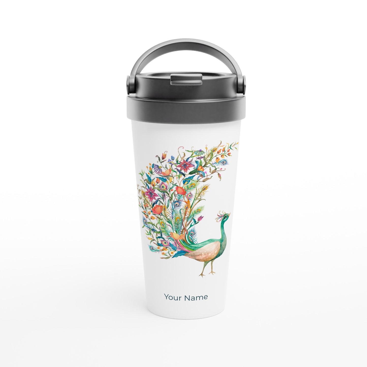 Personalised - Flower Peacock - White 15oz Stainless Steel Travel Mug Default Title Personalised Travel Mug animal coffee