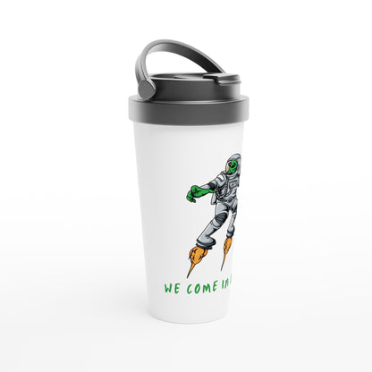 Alien, We Come In Peace - White 15oz Stainless Steel Travel Mug Travel Mug Globally Fulfilled Sci Fi