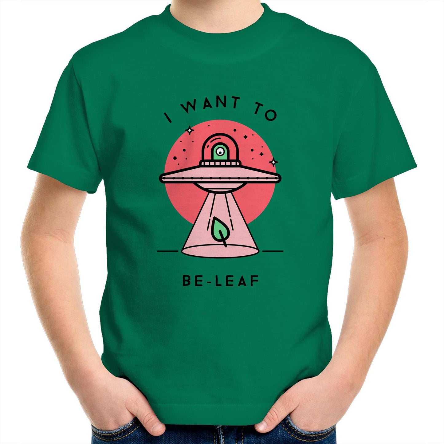 I Want To Be-Leaf, UFO - Kids Youth T-Shirt Kelly Green Kids Youth T-shirt Sci Fi