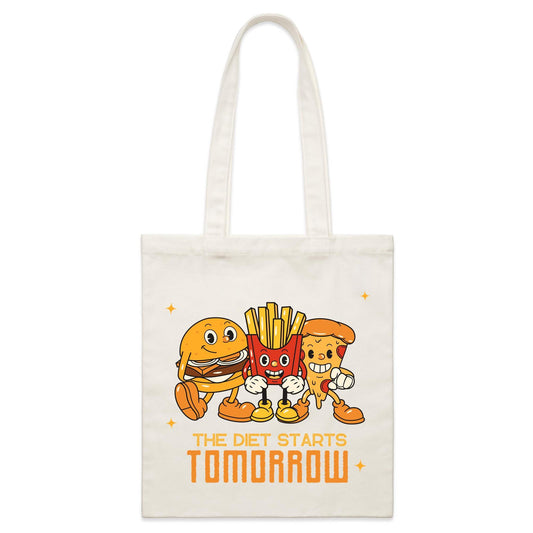 The Diet Starts Tomorrow, Hamburger, Pizza, Fries - Parcel Canvas Tote Bag Default Title Parcel Tote Bag Food Funny Retro