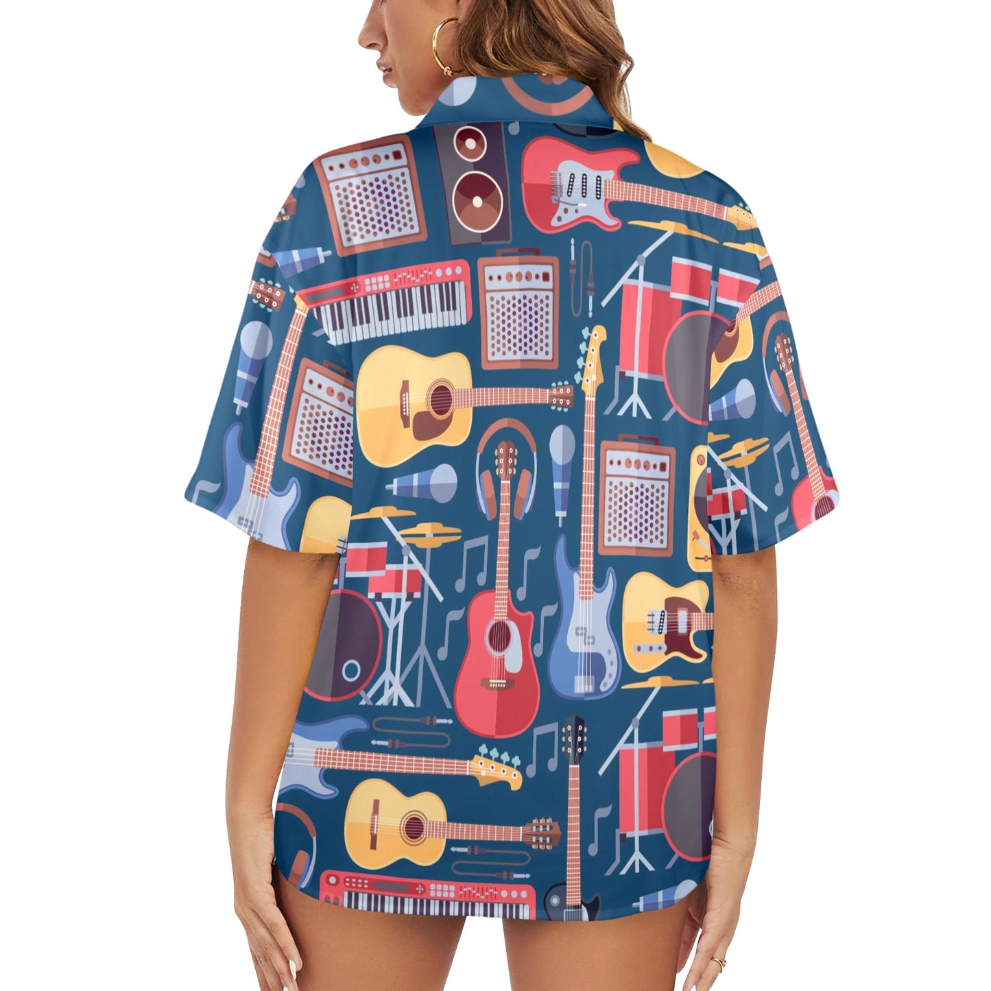 Music Instruments Blue - Womens Hawaiian Shirt