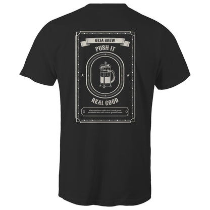 Deja Brew, French Press, Front And Back Print - Mens T-Shirt Mens T-shirt Coffee