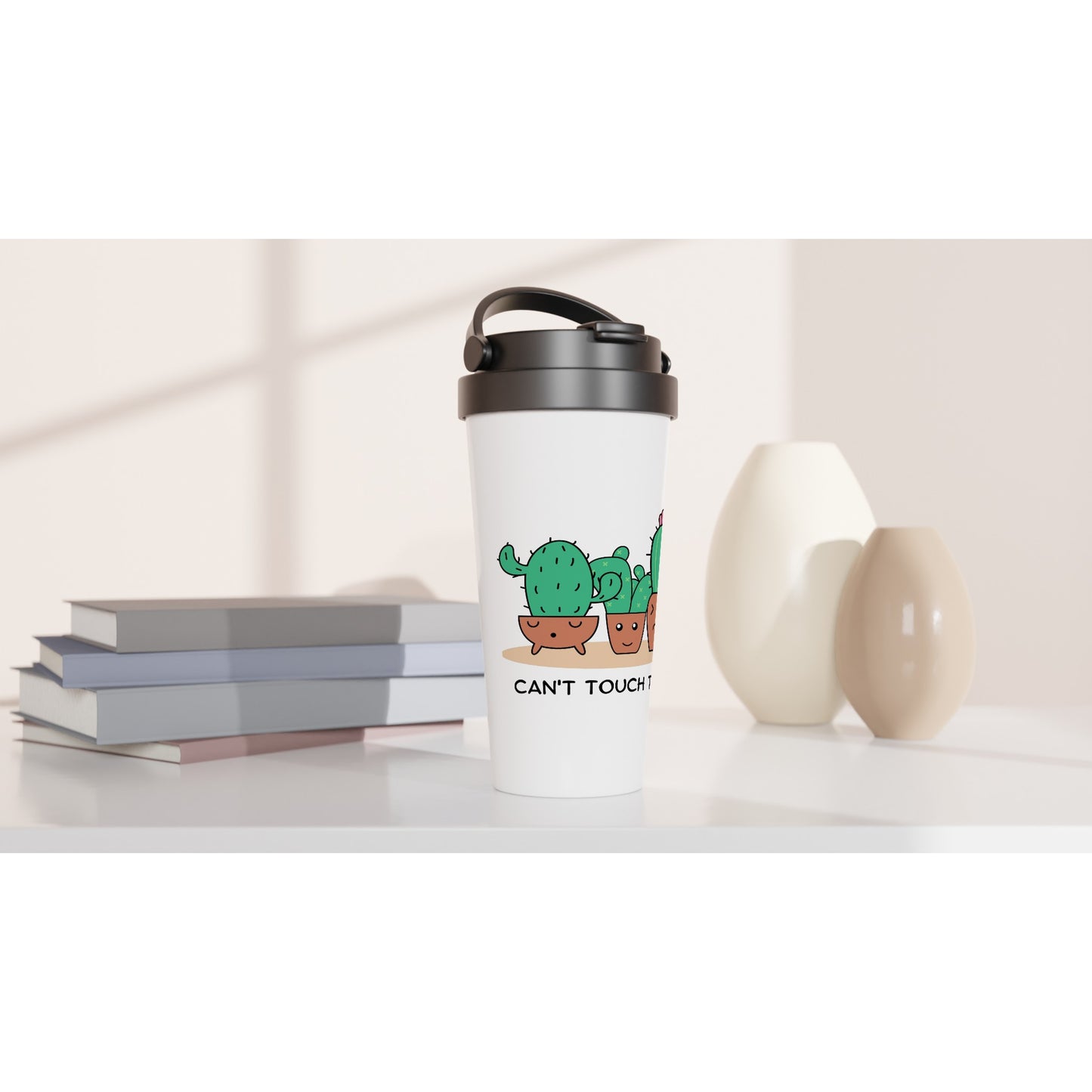 Can't Touch This, Cactus - White 15oz Stainless Steel Travel Mug Travel Mug Funny Globally Fulfilled Plants