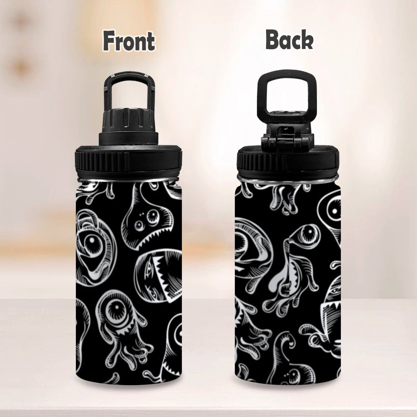 Monsters In Black And White Kids Water Bottle with Chug Lid (12 oz)