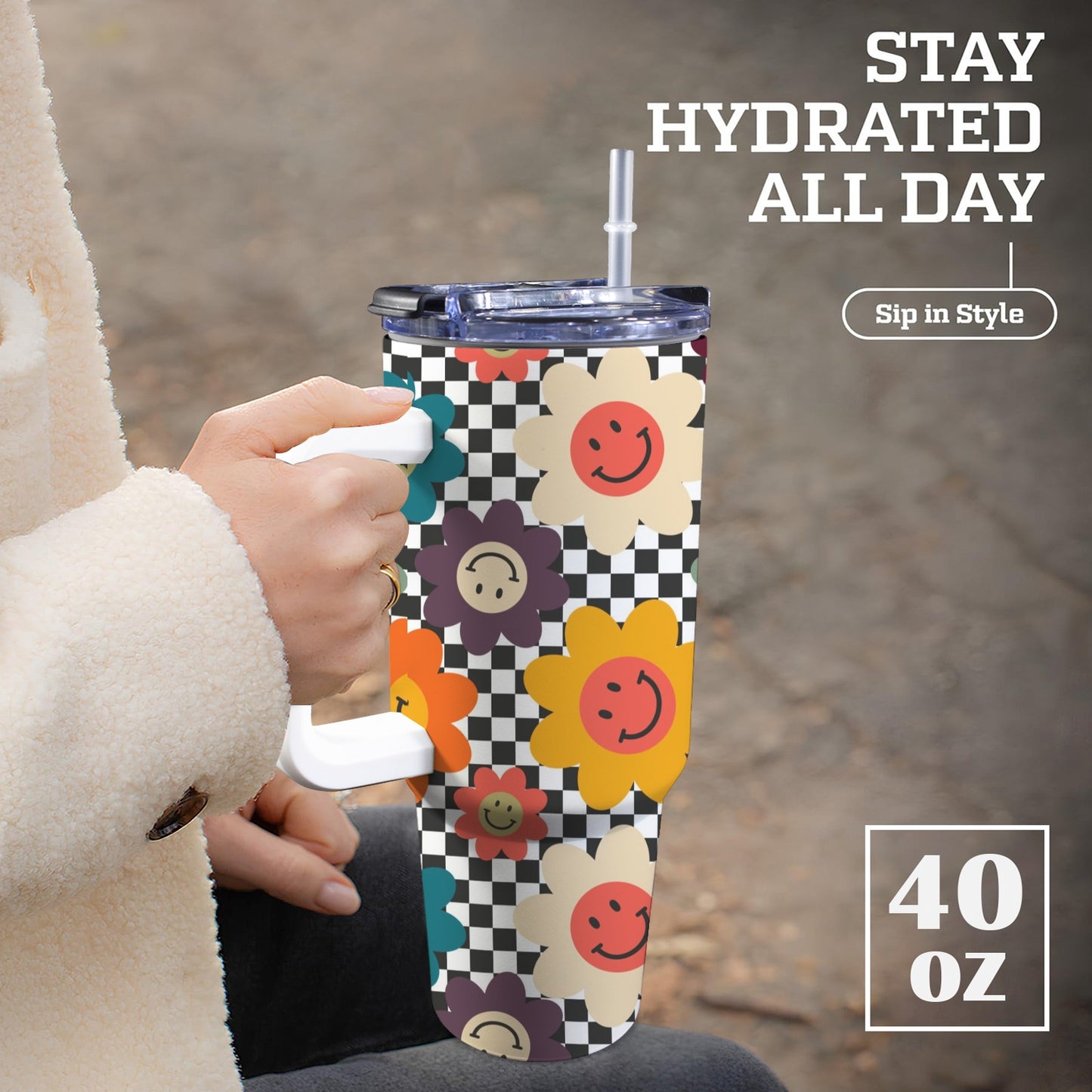 Happy Retro Flowers - 40oz Tumbler with White Handle