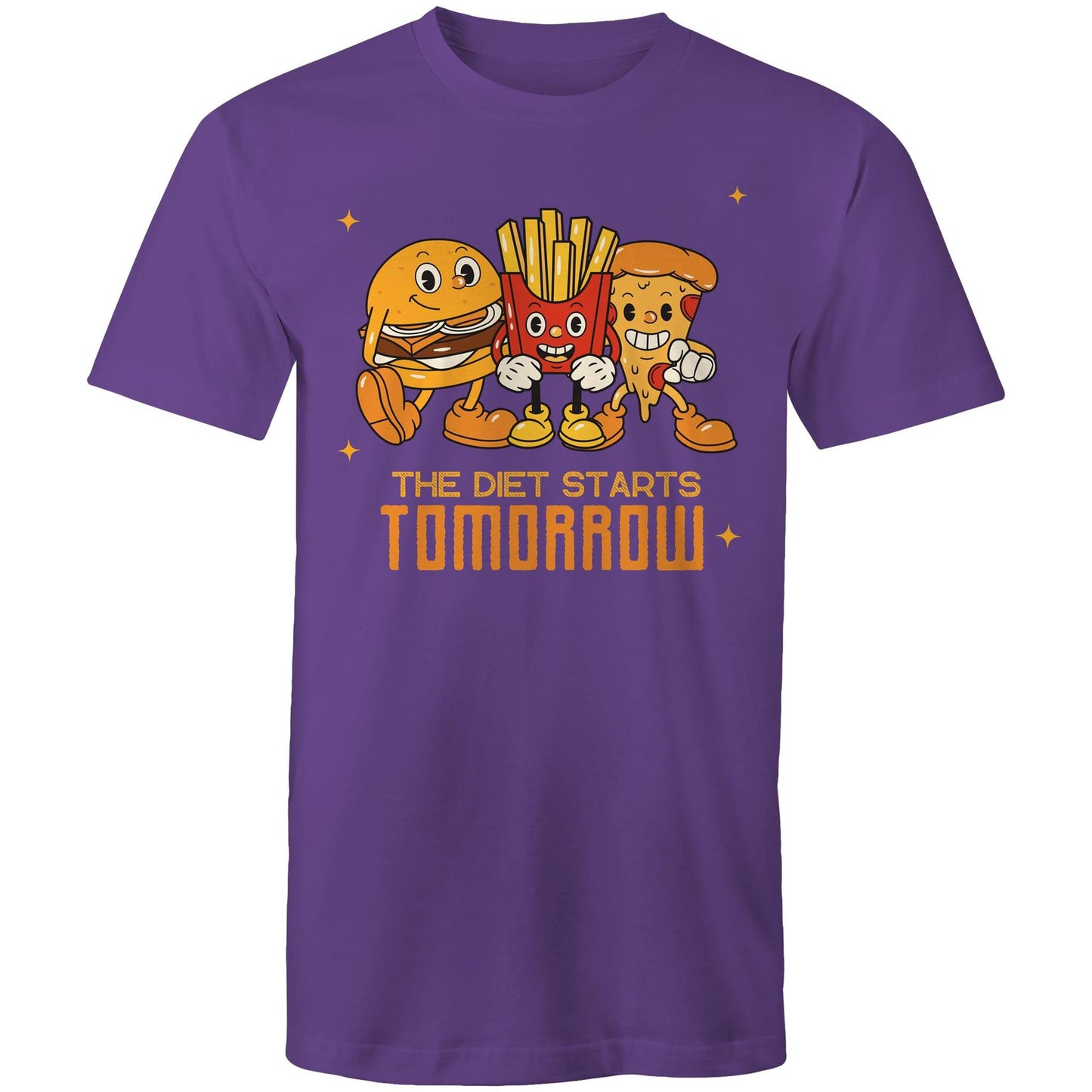 The Diet Starts Tomorrow, Hamburger, Pizza, Fries - Mens T-Shirt Purple Mens T-shirt Food Funny Retro