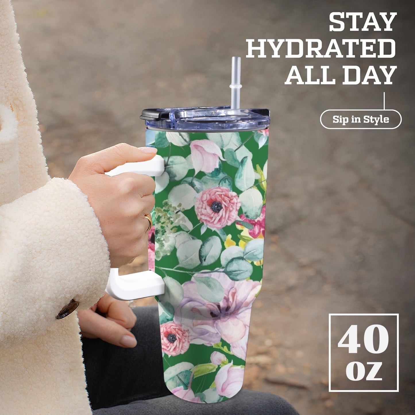 Bright Floral - 40oz Tumbler with White Handle