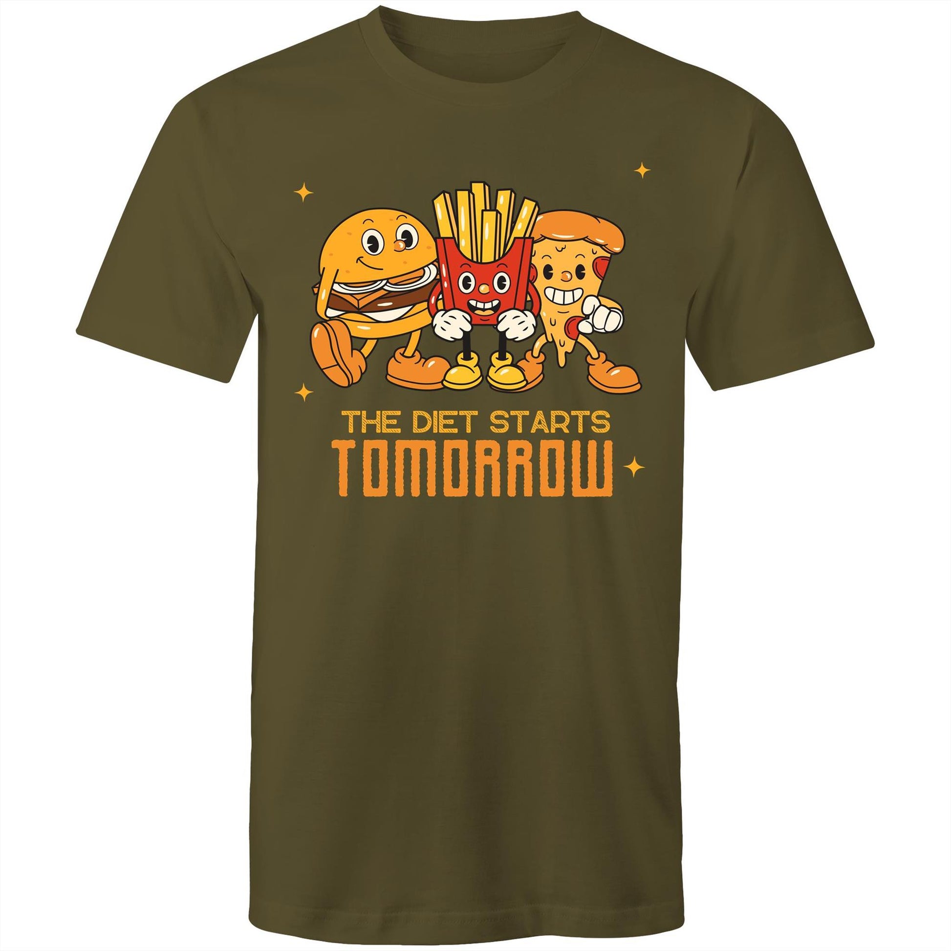 The Diet Starts Tomorrow, Hamburger, Pizza, Fries - Mens T-Shirt Army Green Mens T-shirt Food Funny Retro